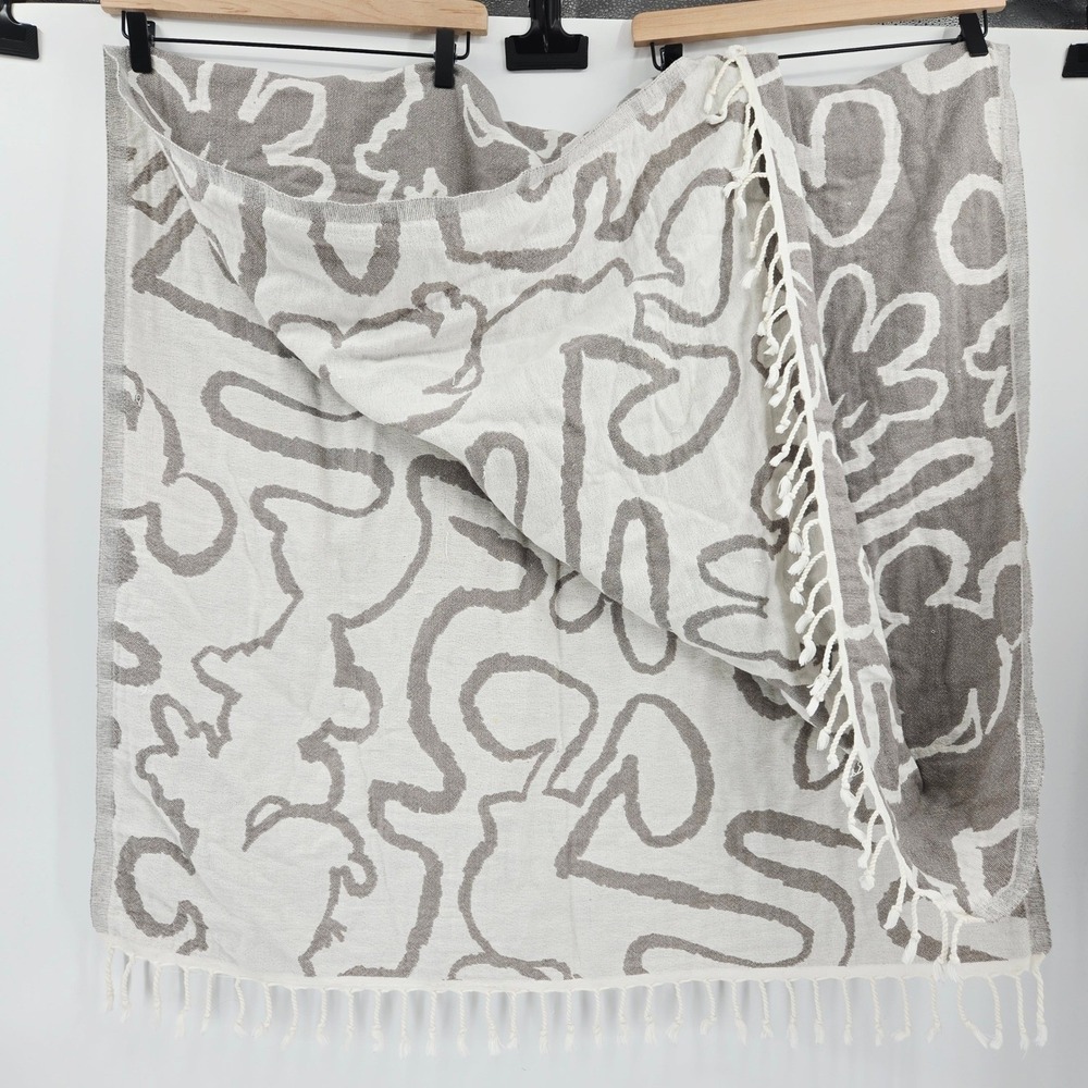 Neutral Gray & White Decorative Beach Towel with Fringe